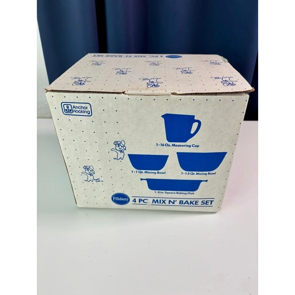 Anchor Hocking Pillsbury Doughboy Mix N Bake Set 4pc Glass Vintage In Box